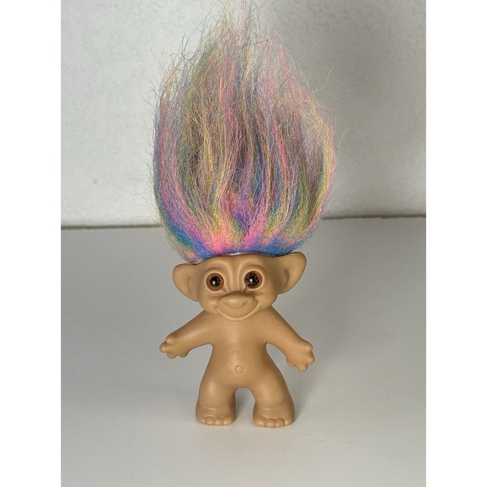 Wishnik Vintage Troll Doll 3" Multicolor Hair. Uneeda Double Horseshoe Good Luck